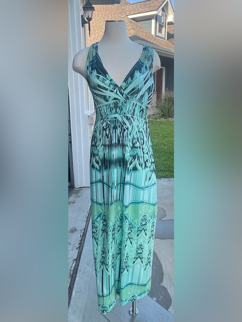 Mint Green and Teal Printed Maxi Dress